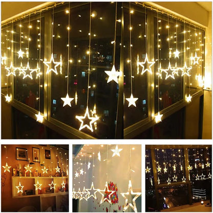 12 Stars Led Curtain String Lights With 8 Flashing Modes For Home Decoration Diwali  (Warm White)